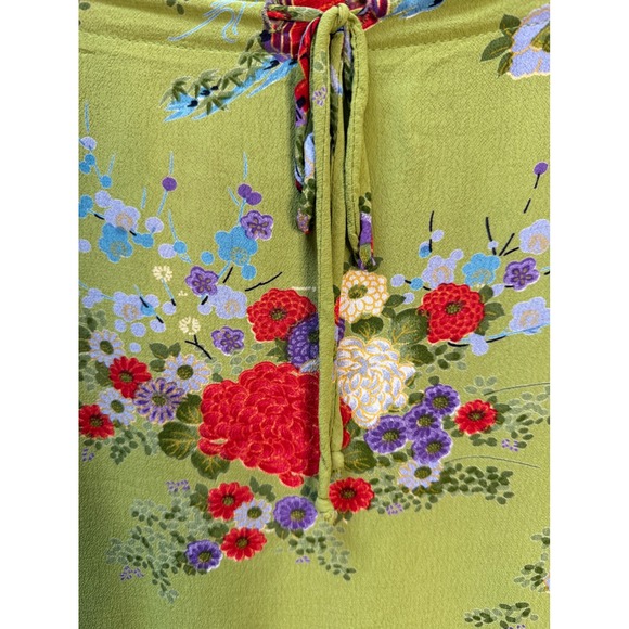 Lucy Love 90's Y2K Green Floral Print Midi Rayon Asian Skirt Waist Ruffle USA - Picture 4 of 8